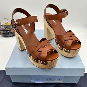 Women’s Prada wooden heel platform, leather sandals, size 38 made in Italy